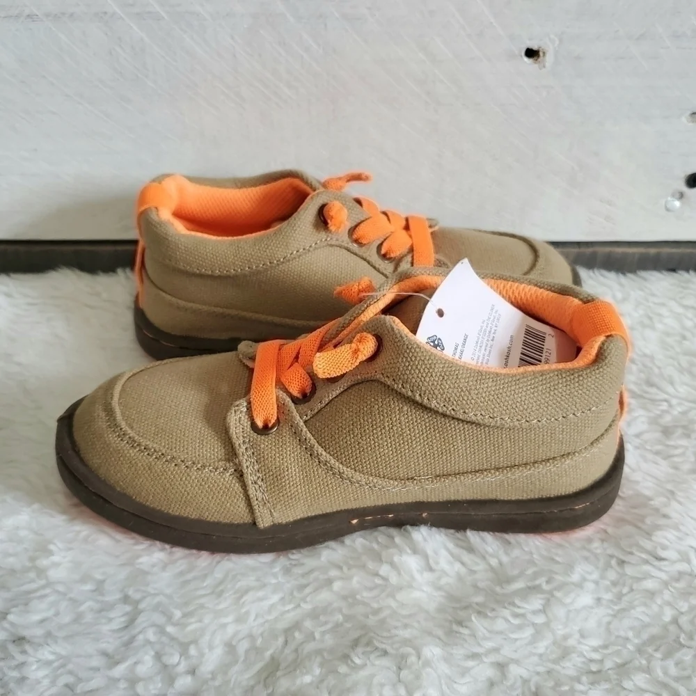 𝅺Oshkosh B'Gosh Thomas Khaki Tan & Orange Canvas Sneakers Toddler Size 11 NWT